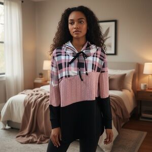 Pink and Black Plaid Flannel Cable Knit Soft Hoodie Top Shirt